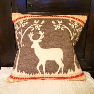 Hines Tapestry Wool Pillow DeerTree Snowflakes Hearts Brown Beige Red 17x17